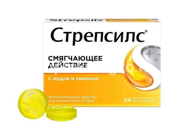 Стрепсилс 24шт. таблетки для рассасывания мед + лимон - 1